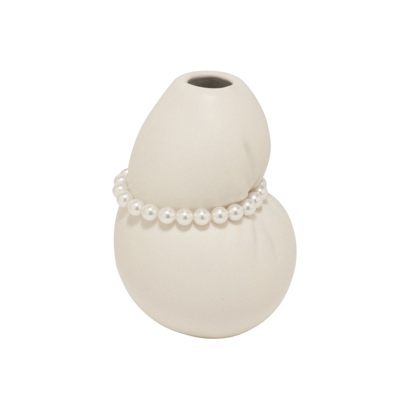 Squeezed Small Vase in Matte White with Faux Pearls