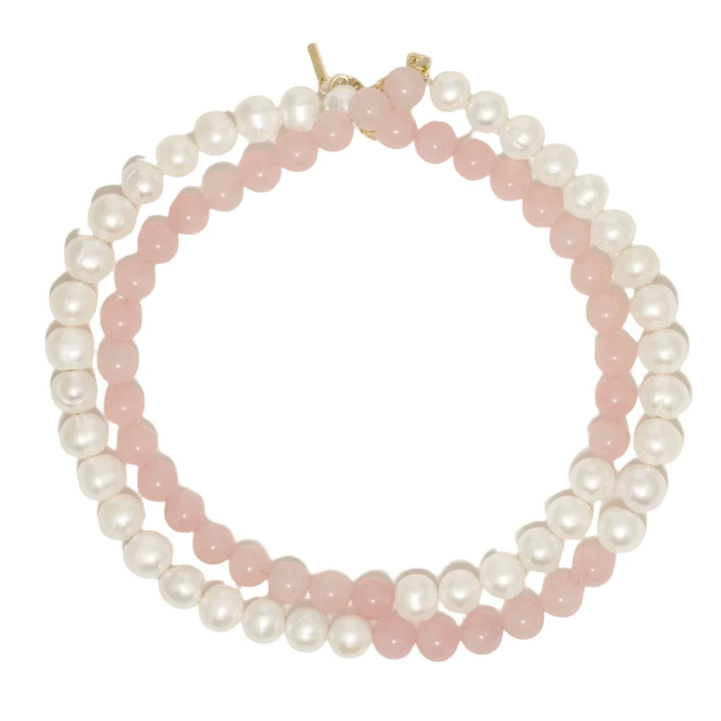 Bells of the Wild Pearl and Rose Quartz Bead Gold Vermeil Necklace