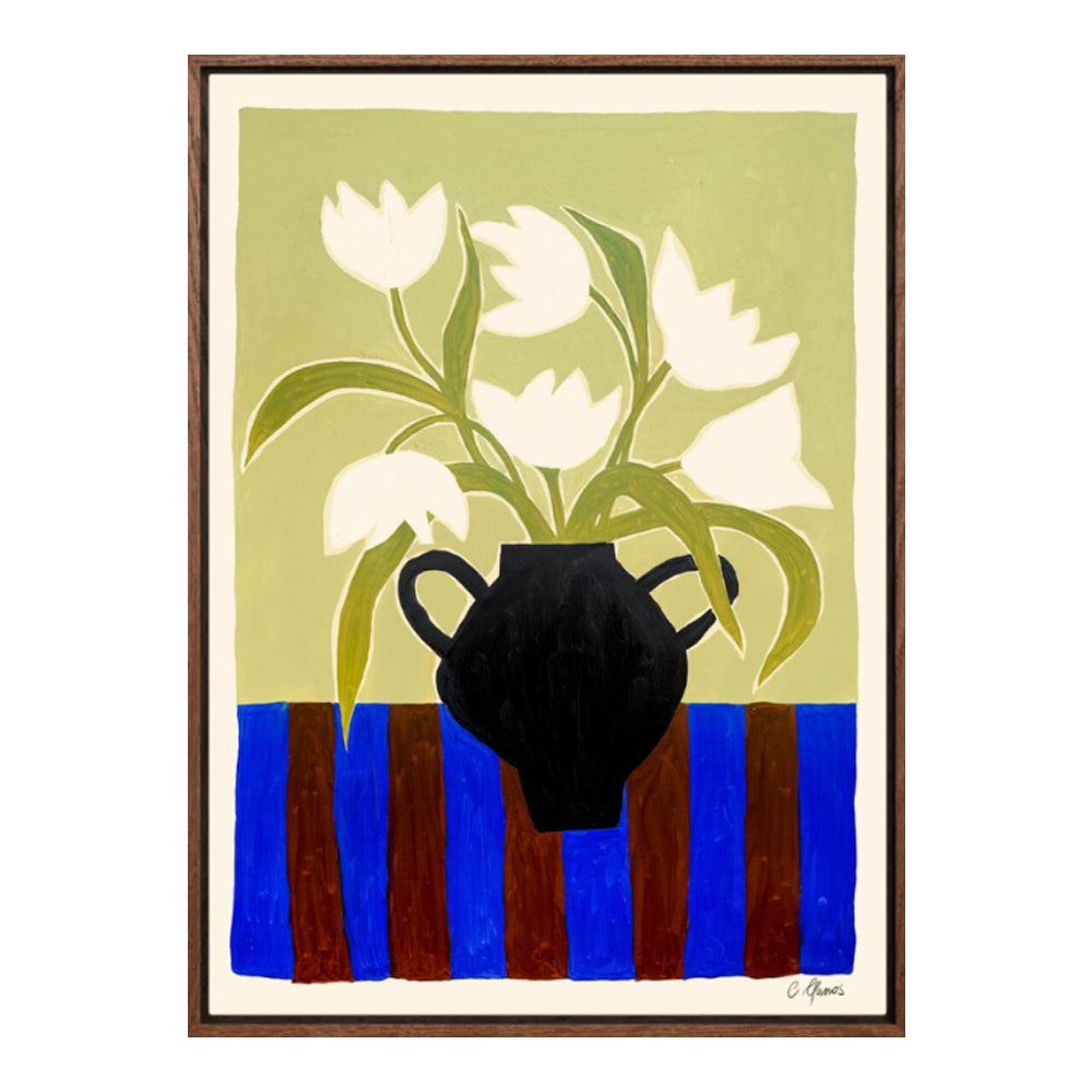 Canvas Carla Llanos, Flowers and Stripes, Dark Oak wood frame